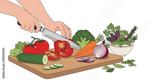 Close-up of hands expertly chopping fresh, vibrant vegetables on a wooden board, preparing healthy ingredients for a delicious home-cooked meal