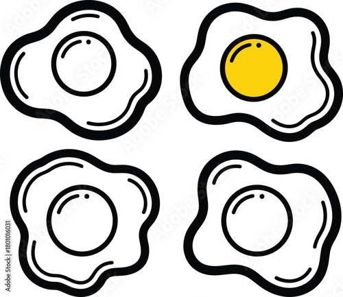 Cute Cartoon Fried Egg Icons Set in Line Art and Color Variations for Breakfast and Food Doodle Design Vector.