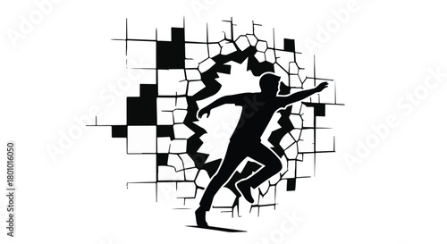 Silhouette of a person breaking through a grid, symbolizing overcoming obstacles and achieving freedom.