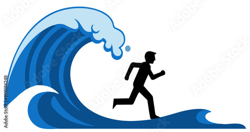 Tsunami warning icon. Natural disaster evacuation symbol: silhouette of person running from big wave.