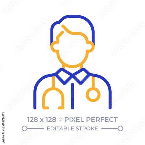 Doctor pixel perfect two color line icon. Physician with stethoscope. Medical staff. General practitioner bicolor outline symbol. Duotone linear pictogram. Isolated illustration. Editable stroke