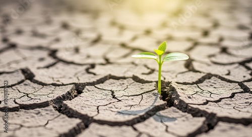 A small green plant sprouting through cracked, dry earth, symbolizing resilience and new growth in an arid environment