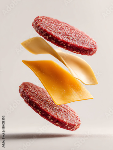Floating Burger Ingredients with Beef Patties and Cheese Slices