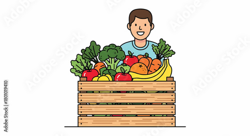 Happy man proudly displaying a bountiful wooden crate overflowing with a colorful assortment of fresh, organic fruits and vegetables, promoting healthy eating and a vibrant lifestyle