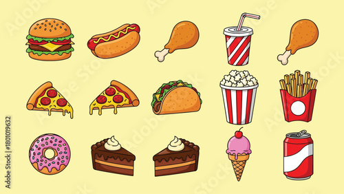 A colorful assortment of delicious fast food and desserts illustrated
