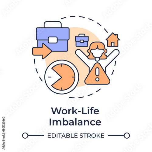 Work life imbalance multi color concept icon. Overwhelming job. Cause of voluntary employee turnover. Round shape line illustration. Abstract idea. Graphic design. Easy to use in promotional material,