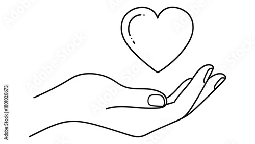 Hand gently holding a floating heart in a simple line drawing