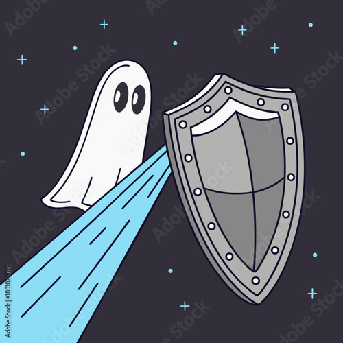 Ghost trying to attack with shield for protection, isolated on