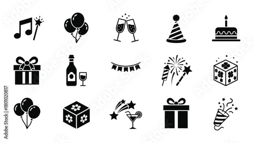 Collection of festive celebration icons including balloons gifts cake and party hats