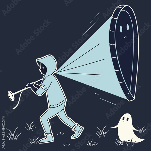 Boy catching ghost with net, isolated on