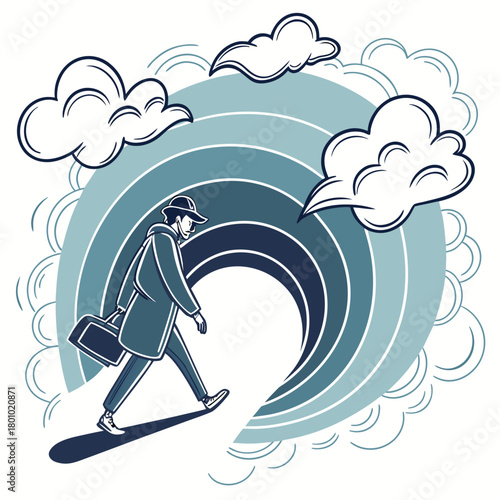 Man with briefcase walking through a surreal landscape isolated on