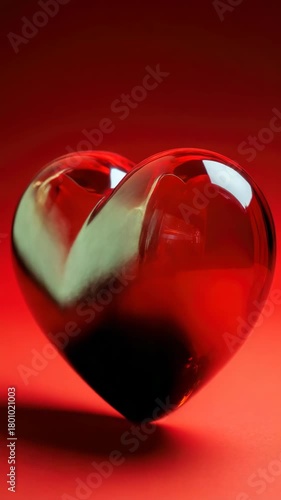 A clear glass heart ornament with a red tint, sitting on a dark red surface, reflecting the light in a mesmerizing way. The perfect to symbolize love and passion.