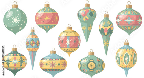 A charming collection of beautifully decorated vintage-style Christmas tree ornaments in various shapes and pastel colors, perfect for festive holiday designs.