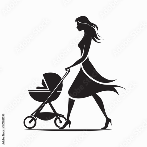 Mother Pushing Baby Stroller Logo Vector isolated on white background
