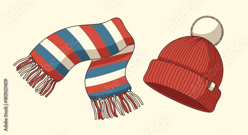 This charming illustration features a cozy, vibrantly striped scarf alongside a warm red knit beanie with a fluffy pom-pom, ideal for cold weather comfort.