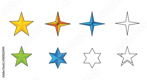A vibrant collection of diverse star shapes, including four-pointed and six-pointed designs, presented as versatile graphic elements for creative projects.