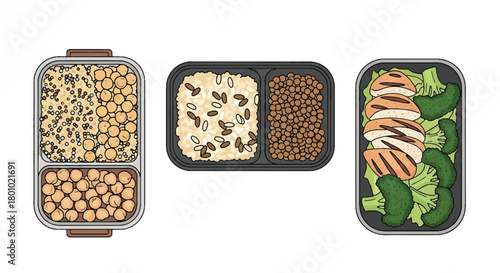 Collection of diverse healthy meal prep containers featuring balanced and nutritious dishes with grilled chicken, fresh vegetables, and grains, perfect for convenient daily eating