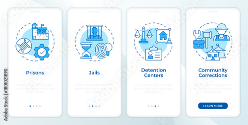 Correctional institutions blue onboarding mobile app screen. Penitrition. Walkthrough 4 steps editable graphic instructions with linear concepts. UI, UX, GUI. Montserrat SemiBold, Regular fonts used
