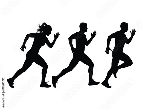 Silhouettes of three runners in motion against a white background