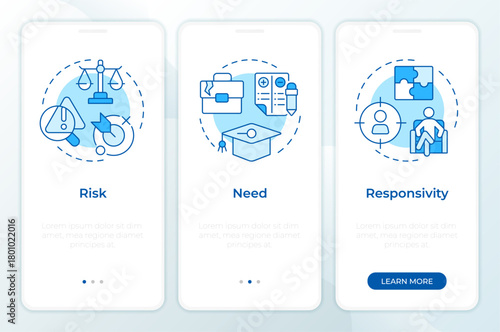 Risk need responsivity model blue onboarding mobile app screen. Walkthrough 3 steps editable graphic instructions with linear concepts. UI, UX, GUI. Montserrat SemiBold, Regular fonts used