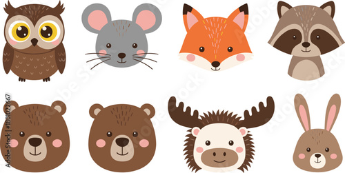 Cute Cartoon Woodland Forest Animal Faces and Characters Set Including Owl, Fox, Bear, and Raccoon Vector.