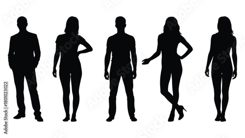 Diverse group of five people silhouettes standing together against a white background