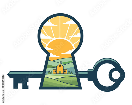 Keyhole landscape vector illustration, hidden path to rural house and sun
