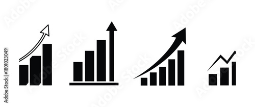 Set of four black bar graph icons with upward trending arrows indicating growth and success