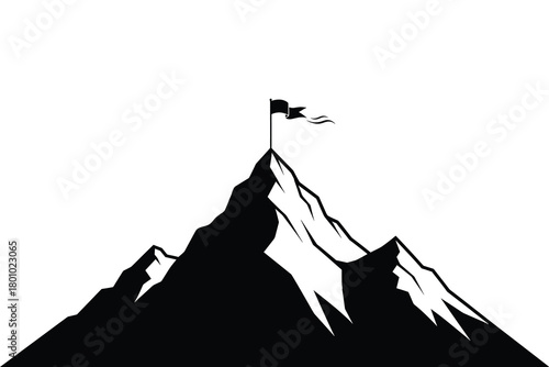 Mountain peak flag vector illustration, achieving goals and success concept