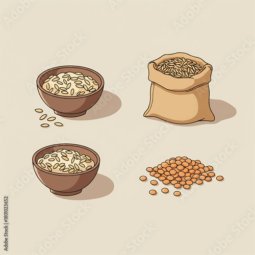 Illustrative depiction of various nutritious whole grains and legumes, showcasing bowls of cereal, a full sack of dried seeds, and a scattered pile of healthy red lentils