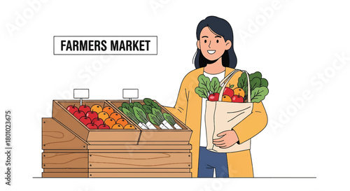 A happy woman enjoys the vibrant atmosphere of a local market, holding a bag filled with fresh, healthy fruits and organic vegetables she just purchased
