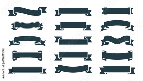 Collection of decorative dark blue ribbons and banners for design elements