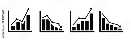 Four black and white bar graphs showing upward and downward trends and fluctuations