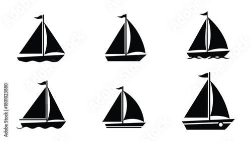 Collection of six black silhouette sailboats on white background