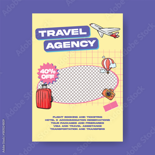 Retro Travelling Agency Business A4 Print Flyer and Vintage Holiday Tour Poster Template Design for Vacation Package Deals, Hotel Resort Booking, Adventure Trip Promo, Tourism Advertisement