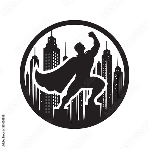 superhero city pose vector silhouette clip art logo design illustration