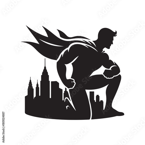 superhero city pose vector silhouette clip art logo design illustration