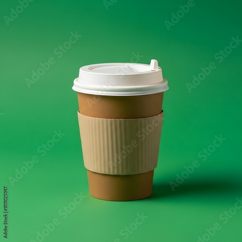 A disposable coffee cup with a lid and a cardboard sleeve placed against a vibrant green background, emphasizing a minimalist and modern aesthetic