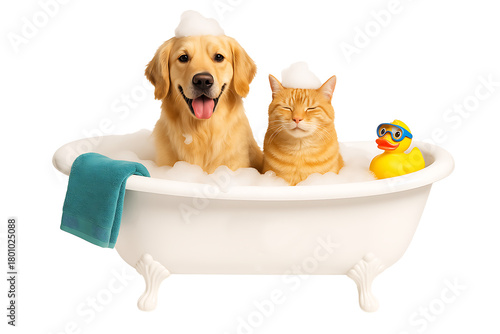 Cute dog and cat in soapy bubbles, smiling pets in bathtub with towel, animal care and hygiene theme