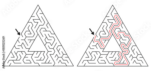 Triangular Maze Game for Adults - Easy Maze Game Flat Vector Black and White Outline Illustration for Kdp.