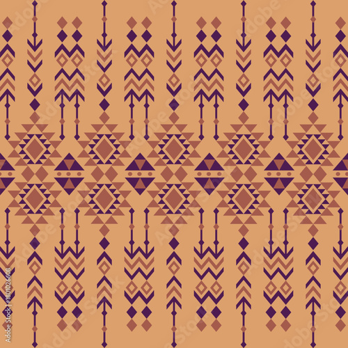 Geometric Ethnic pattern, Native American tribal fabric, tile, carpet, vector, illustration design, on a terracotta-purple tone  background 