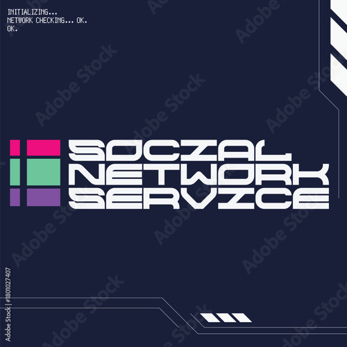 Retrofuturistic Style Typography Logotype of Social Network Service with Tri-color Neon Stripes and Futuristic Interface Frame Template