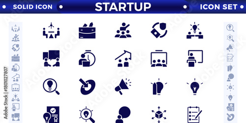 Startup and development solid icons set. Startup symbols collection. Launch, development, investment, innovation. Solid icons related to project, startup, management, and business. 