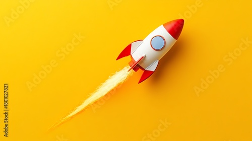 Colorful rocket launching into bright yellow sky.