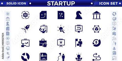Startup and development solid icons set. Startup symbols collection. Launch, development, investment, innovation. Solid icons related to project, startup, management, and business. 