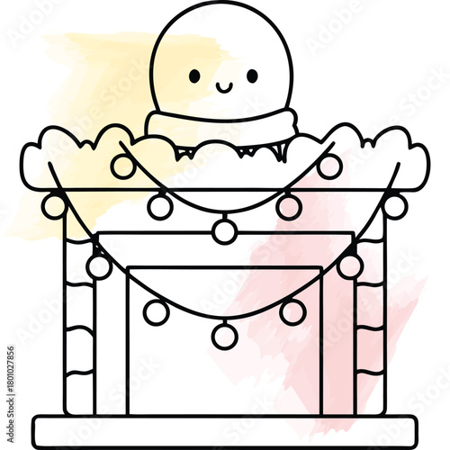 Cute Winter Holiday Fireplace Mantel Drawing With Snowglobe And Lights