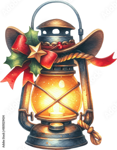 Vintage Christmas lantern decorated with a cowboy hat and festive ornaments