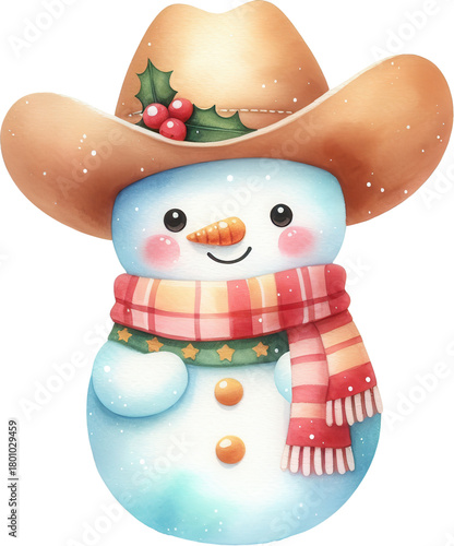 Watercolor snowman wearing a cowboy hat and festive scarf