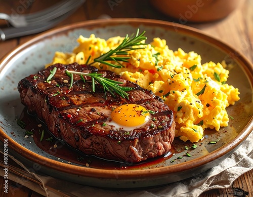 Delicious steak and eggs with rosemary on a plate perfect for breakfast or brunch
