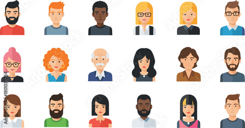 Diverse Flat Design User Avatar and Profile Icons Set Representing Men, Women, and Senior People Vector.